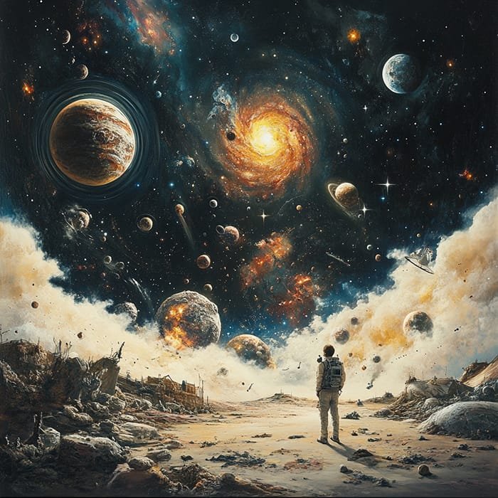 An astronaut stands on a barren landscape, gazing at a star-filled sky with swirling galaxies and planets, pondering what's outside the universe.