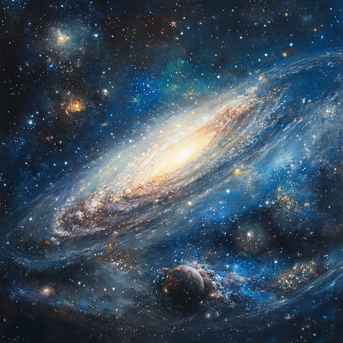 Amidst a deep blue space background, a glowing spiral galaxy reveals the mysteries of cosmic wonders, surrounded by numerous stars and celestial bodies, hinting at what's outside the universe.