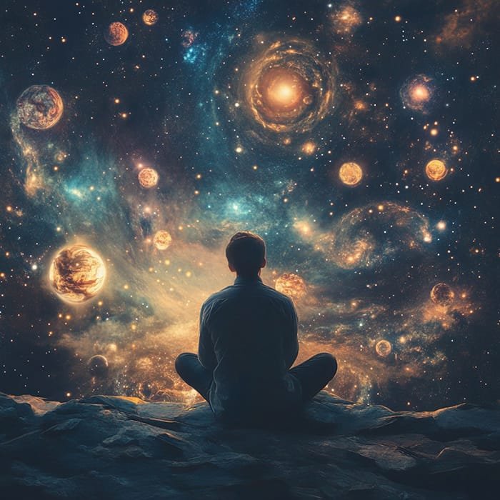 A person sits on a rocky surface, contemplating what's outside the universe as they gaze at a vast, colorful cosmic scene filled with swirling galaxies and bright celestial bodies.