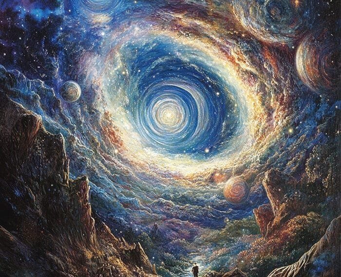 A person stands on a rocky landscape, gazing at a swirling, colorful cosmic sky filled with stars and spirals, pondering what's outside the universe.