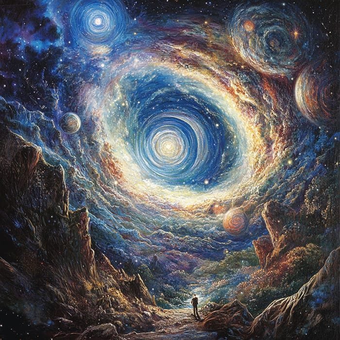 A person stands on a rocky landscape, gazing at a swirling, colorful cosmic sky filled with stars and spirals, pondering what's outside the universe.