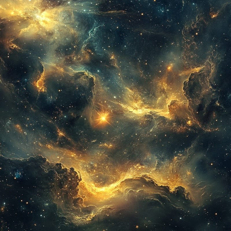 A vivid depiction of a colorful nebula with glowing yellow and orange clouds set against a dark starry backdrop, resembling the rarest items in the universe in its ethereal beauty.