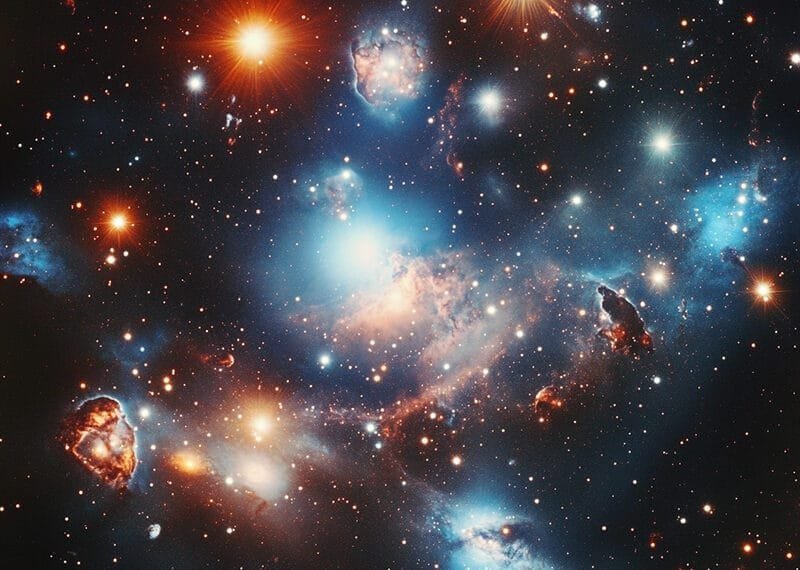 A vivid cosmic scene featuring bright stars, blue nebulae, and distant galaxies scattered throughout a dark space background, hinting at the elusive beauty of the rarest items in the universe.
