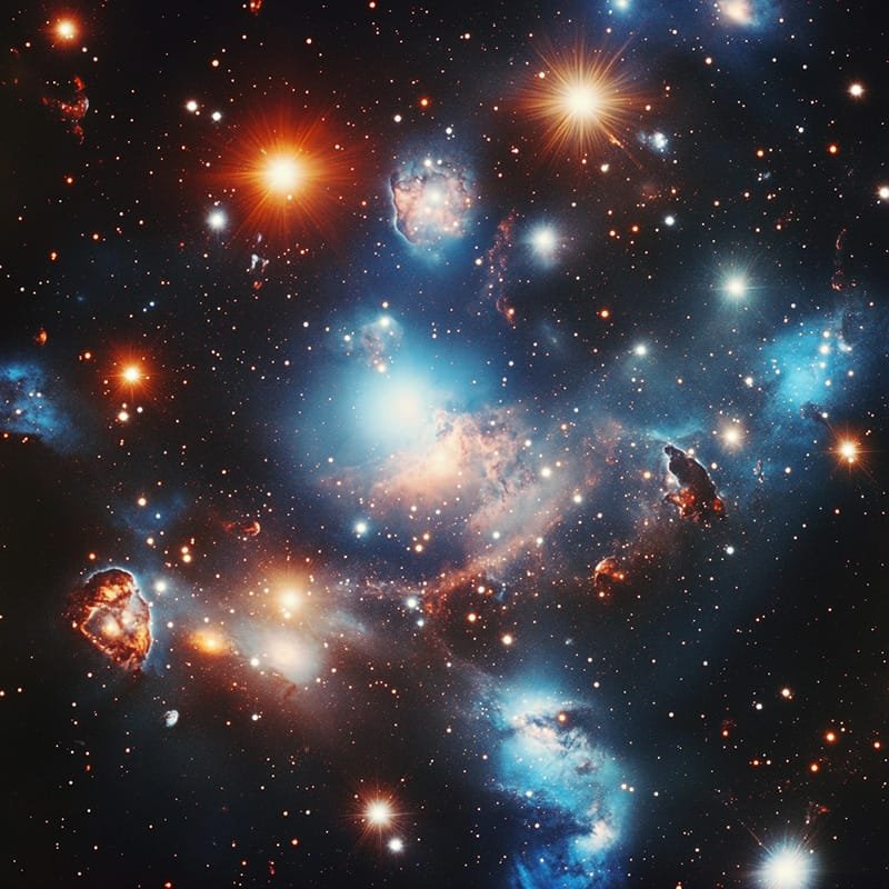 A vivid cosmic scene featuring bright stars, blue nebulae, and distant galaxies scattered throughout a dark space background, hinting at the elusive beauty of the rarest items in the universe.