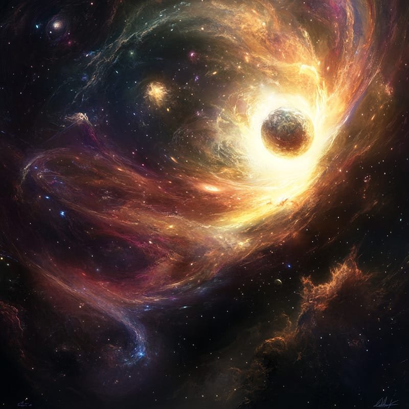 A vivid depiction of a cosmic scene with swirling galaxies, bright nebulae, and a centrally glowing planet, creating an otherworldly beauty that prompts the timeless question: which is the rarest item in the universe?