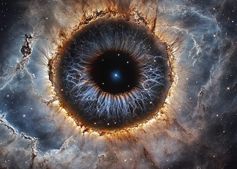 Amidst the vast cosmos, an ethereal nebula likened to Eyes in Space captivates with its striking blue and orange hues, all while a brilliant star anchors its dazzling center.