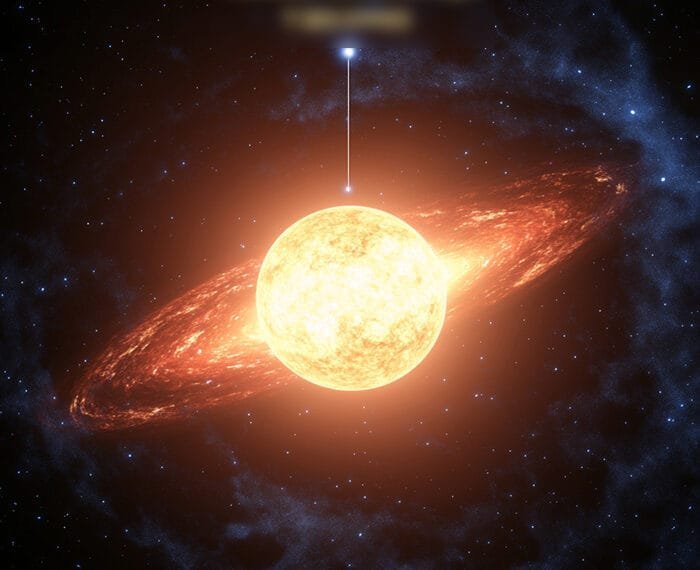 Illustration of a bright orange star, as if captured by NASA's keen eyes, surrounded by a swirling disk of material. Set against a backdrop of dark space with faint blue gas clouds, this cosmic scene invites you to explore the universe's wonders.