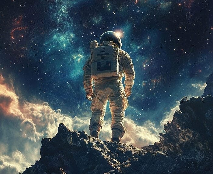 An astronaut stands on rocky terrain, contemplating the vastness of space exploration while gazing up at a star-filled, colorful galaxy.