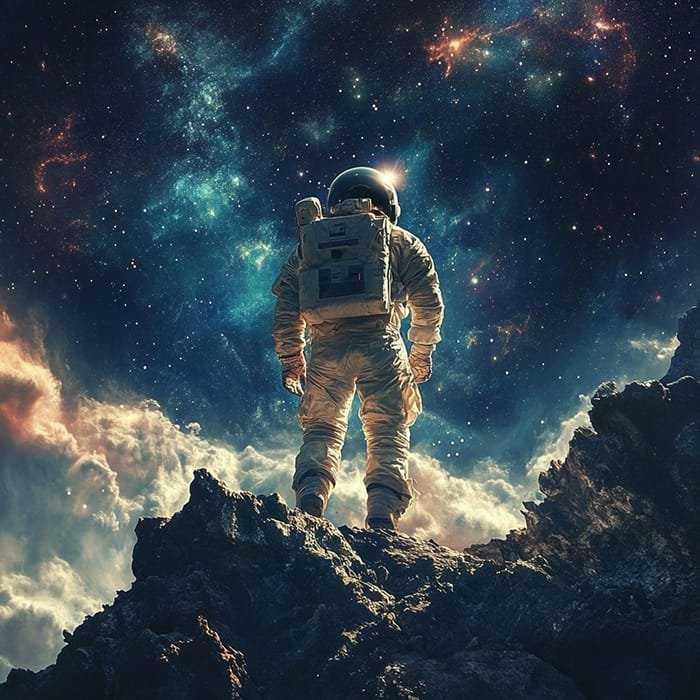 An astronaut stands on rocky terrain, contemplating the vastness of space exploration while gazing up at a star-filled, colorful galaxy.