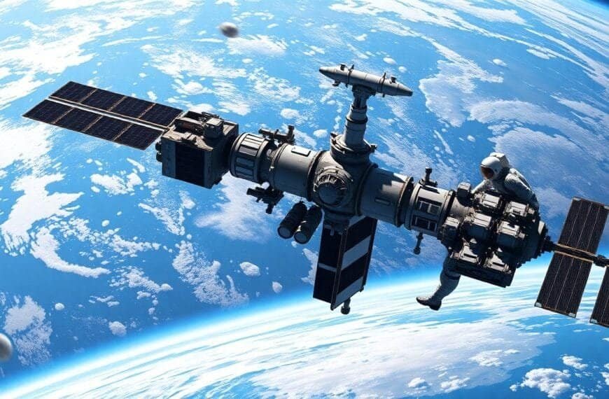 A satellite with solar panels orbits Earth, while an astronaut performs a spacewalk near the International Space Station.