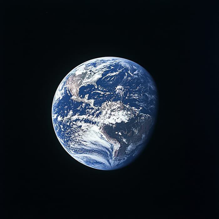 A stunning view of our Earth from space reveals continents and swirling clouds on a vibrant blue and white surface set against the deep black of the cosmos.