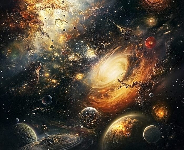 A colorful depiction of a chaotic galaxy, featuring swirling stars, planets, and cosmic phenomena captured with the vivid clarity of JWST, highlighting a vibrant array of colors.