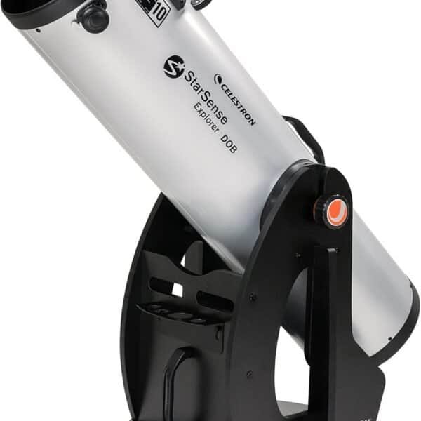 A Celestron StarSense Explorer Dobsonian telescope with a silver tube mounted on a black base, featuring a large aperture and a finder scope.