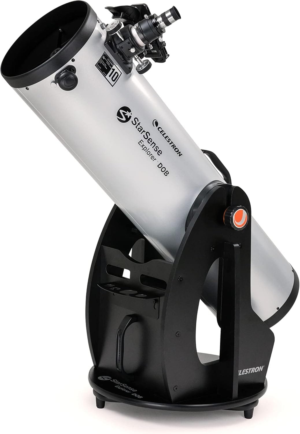 A Celestron StarSense Explorer Dobsonian telescope with a silver tube mounted on a black base, featuring a large aperture and a finder scope.