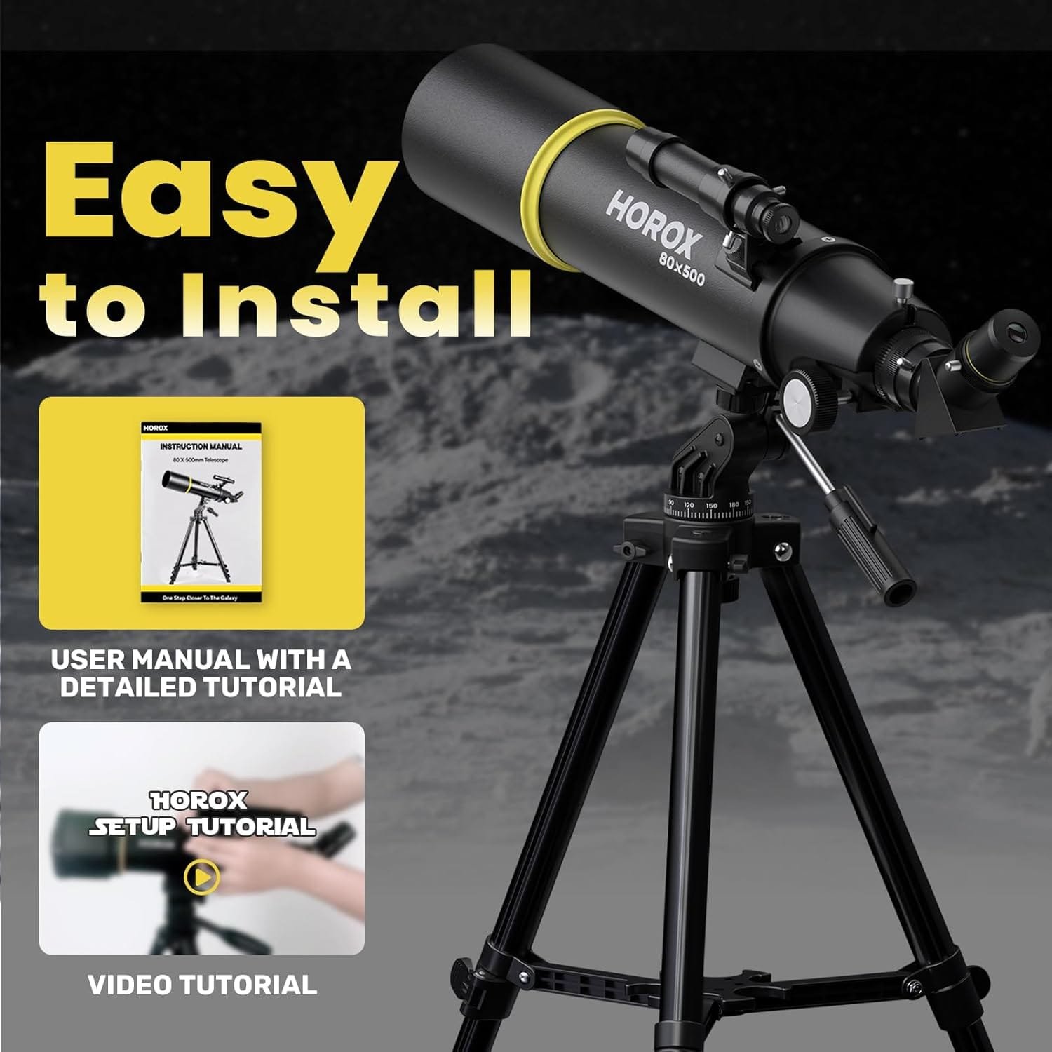 Telescope setup with a tripod and yellow accents. Text highlights easy installation with a detailed user manual and video tutorial. Moon surface in the background.