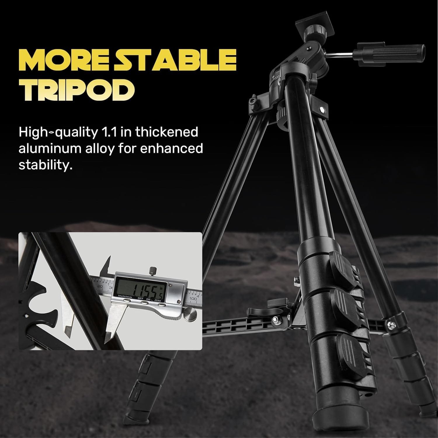 Aluminum alloy tripod with adjustable legs and stability locks. Close-up shows a caliper measuring the thickness at 1.155 inches.