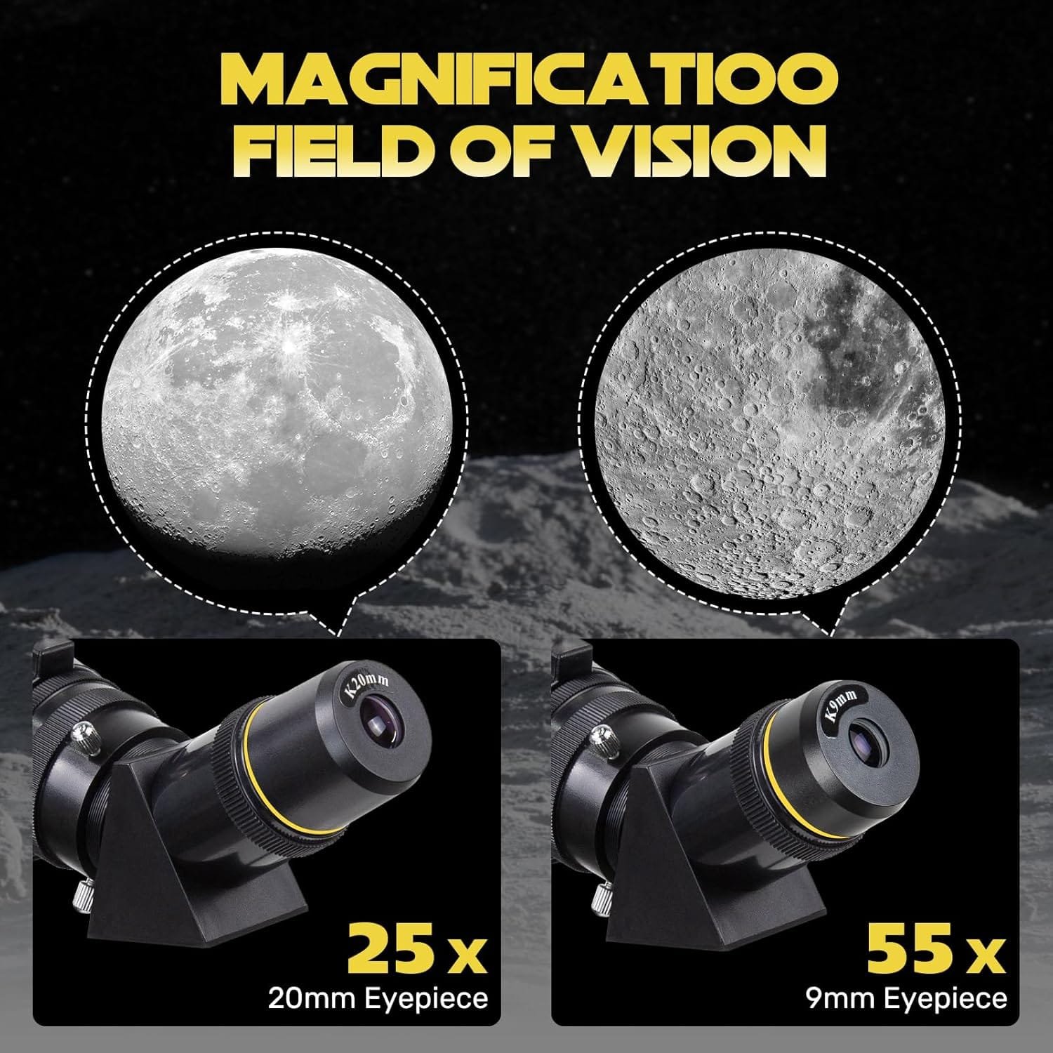 Telescopic view images show the moon's surface at 25x using a 20mm eyepiece and at 55x with a 9mm eyepiece.