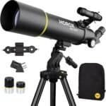 Black telescope with various lenses and a mount, accompanied by a black carrying bag.