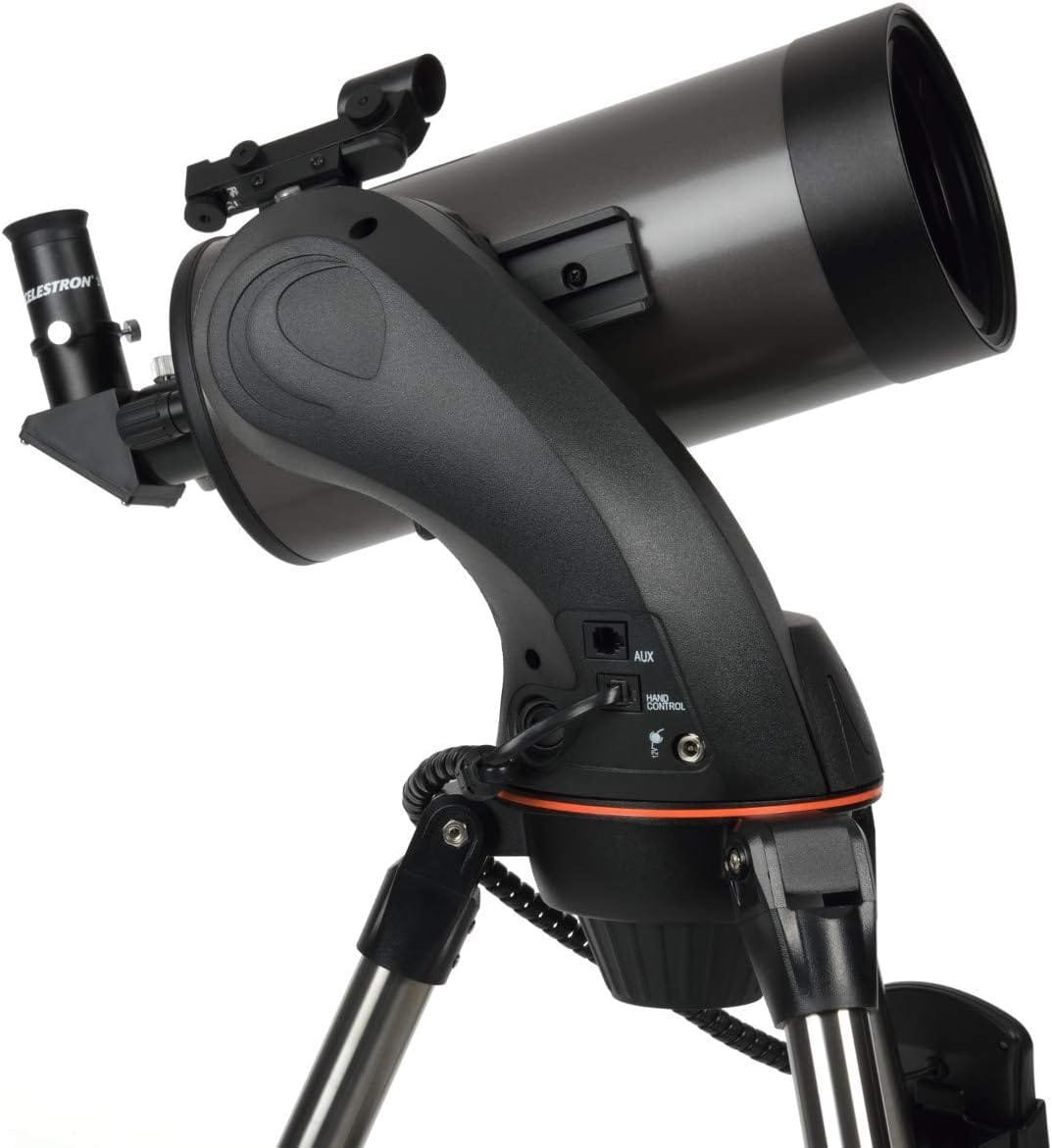 A black telescope with a mounted optical tube and adjustable tripod.
