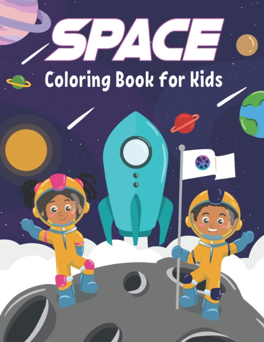 Illustrated cover of a kids' space-themed coloring book featuring two children in astronaut suits, a rocket, and planets in the background.