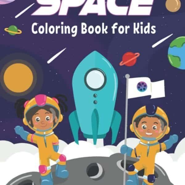 Cover of "Space Coloring Book for Kids" featuring two children in spacesuits, a rocket, and planets in the background.