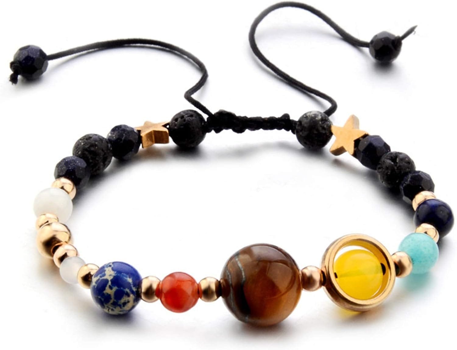 A beaded bracelet with a black adjustable string, featuring multicolored stones and gold accents, including star-shaped beads.