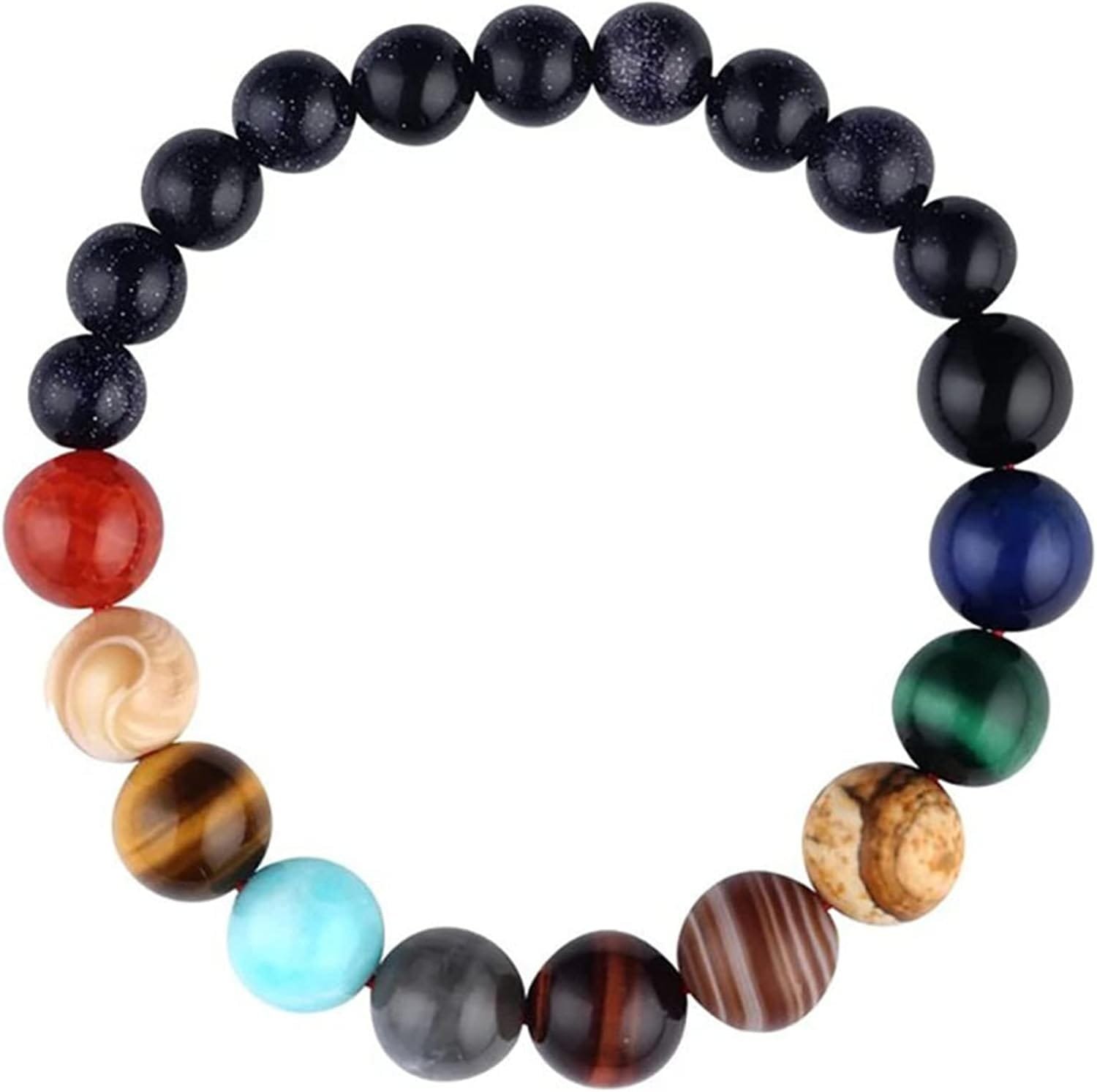 A bracelet with various colored spherical beads, resembling planets in the solar system, arranged in a circular pattern.