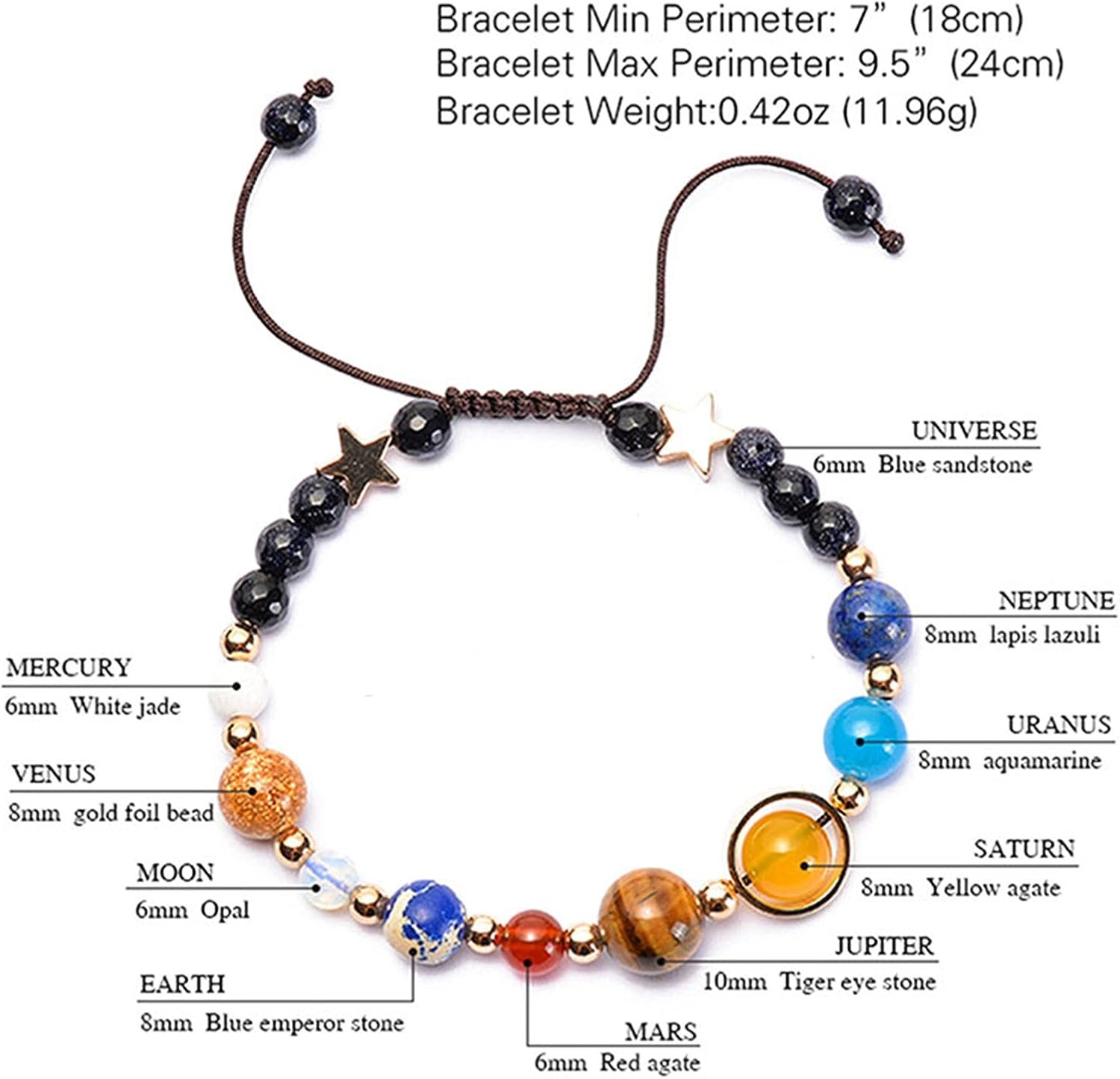 Beaded solar system bracelet with adjustable cord, featuring stones representing planets, the moon, sun, and universe, along with their sizes in millimeters.