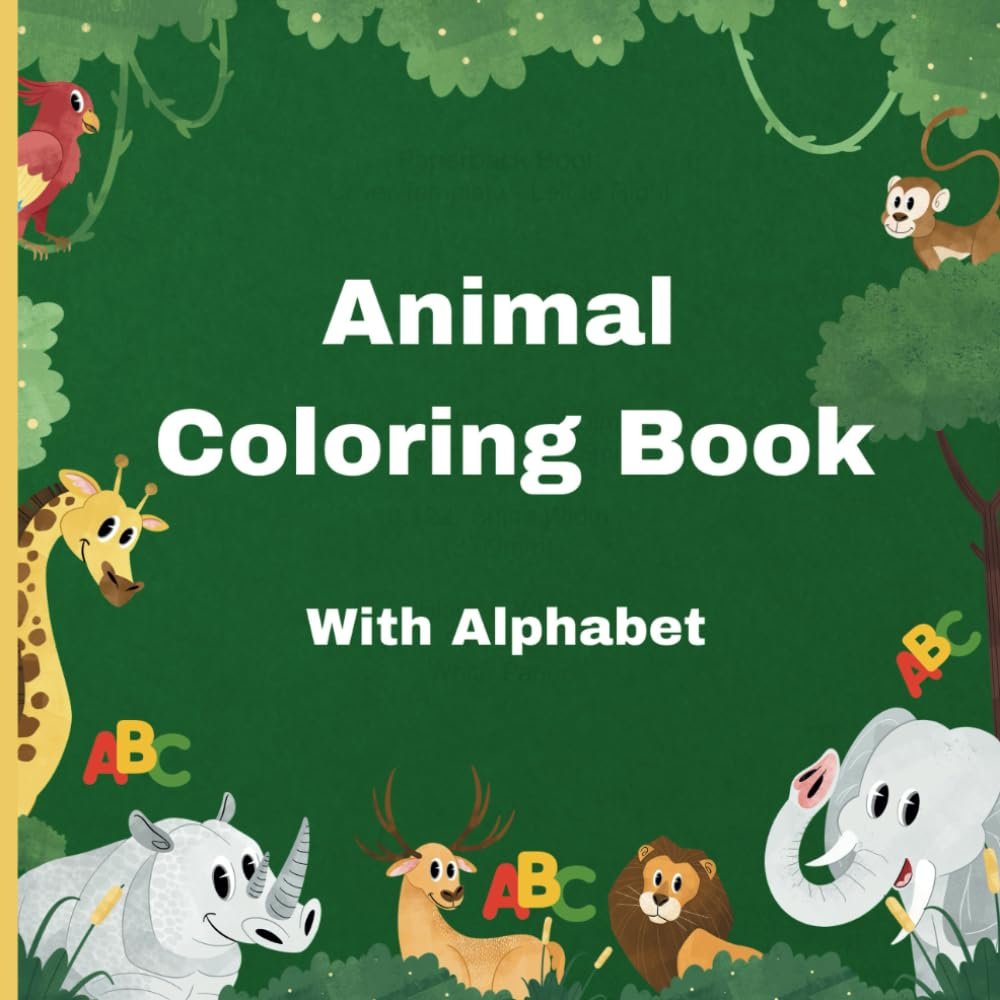 Children's animal coloring book with alphabet theme, featuring illustrations of a giraffe, rhino, deer, lion, elephant, and monkey against a green background with foliage and letters ABC.