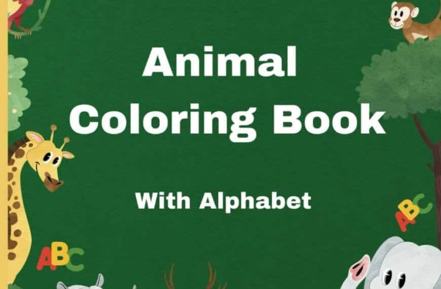 Cover of an "Animal Coloring Book with Alphabet" featuring illustrations of a giraffe, rhinoceros, deer, lion, elephant, parrot, and monkey amidst greenery.