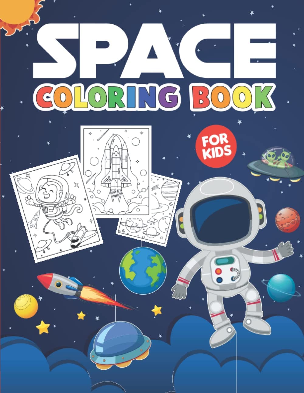 Space-themed coloring book cover featuring an astronaut, rockets, planets, and sample coloring pages. Bright colors and "For Kids" label included.