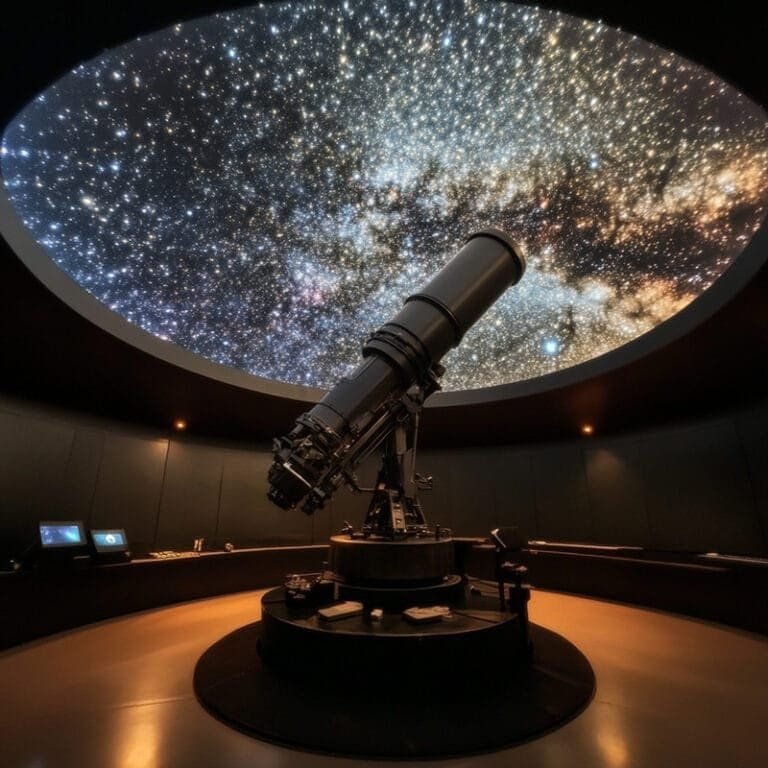 A large telescope is thoughtfully positioned inside an observatory, its lens poised beneath the wide domed ceiling displaying a star-filled night sky.