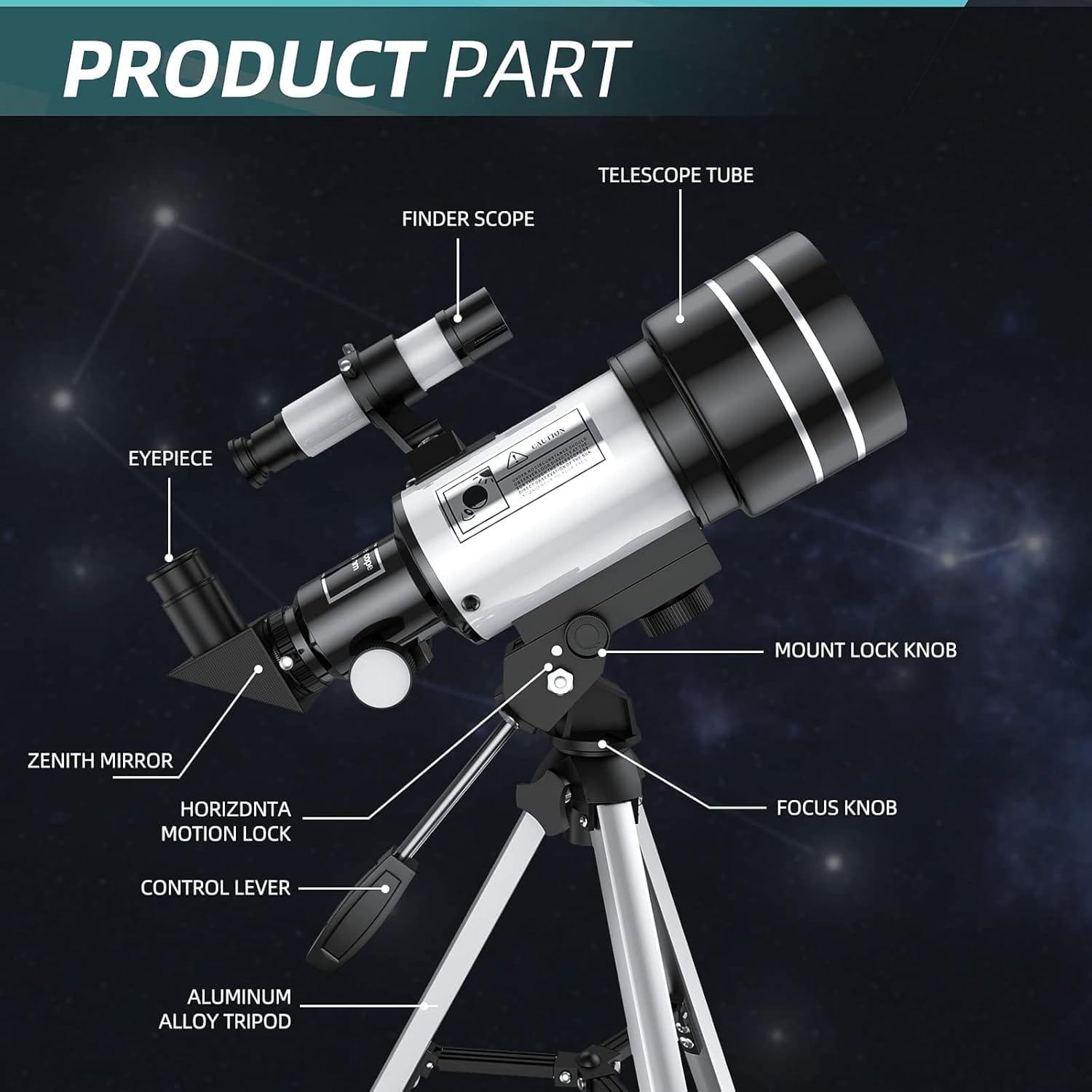 Diagram of a telescope with labeled parts, including finder scope, eyepiece, telescope tube, mount lock knob, focus knob, control lever, aluminum alloy tripod, and zenith mirror.