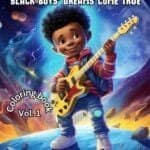Illustration of a smiling boy with a guitar, standing on a colorful planet. Text reads: "From Rockstar to Astronaut: Black Boys' Dreams Come True. Coloring book Vol. 1 by Zhanea Parker.