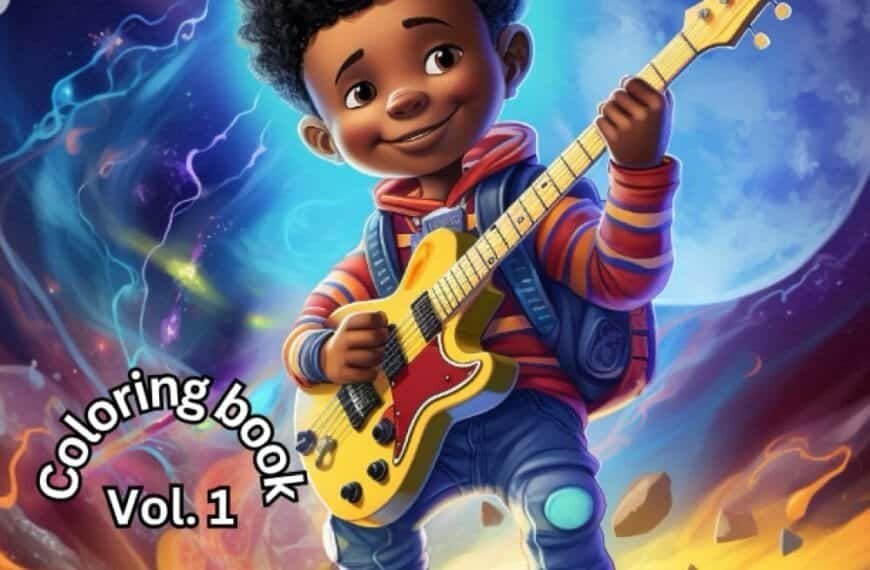 Illustration of a smiling boy with a guitar, standing on a colorful planet. Text reads: "From Rockstar to Astronaut: Black Boys' Dreams Come True. Coloring book Vol. 1 by Zhanea Parker.