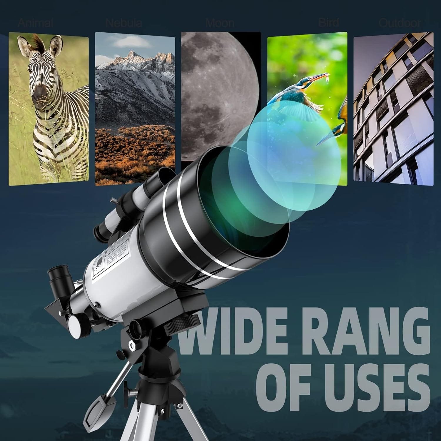 A telescope aimed at various images: zebra, mountains, moon, bird, and building. Text reads, "WIDE RANGE OF USES.