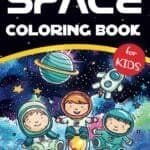 Cover of a space-themed coloring book for kids, featuring three children in astronaut suits and a robot against a starry background with planets.