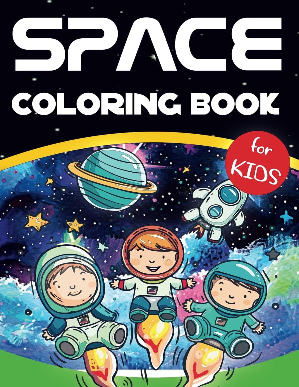 Cover of a space-themed coloring book for kids, featuring three children in astronaut suits and a robot against a starry background with planets.