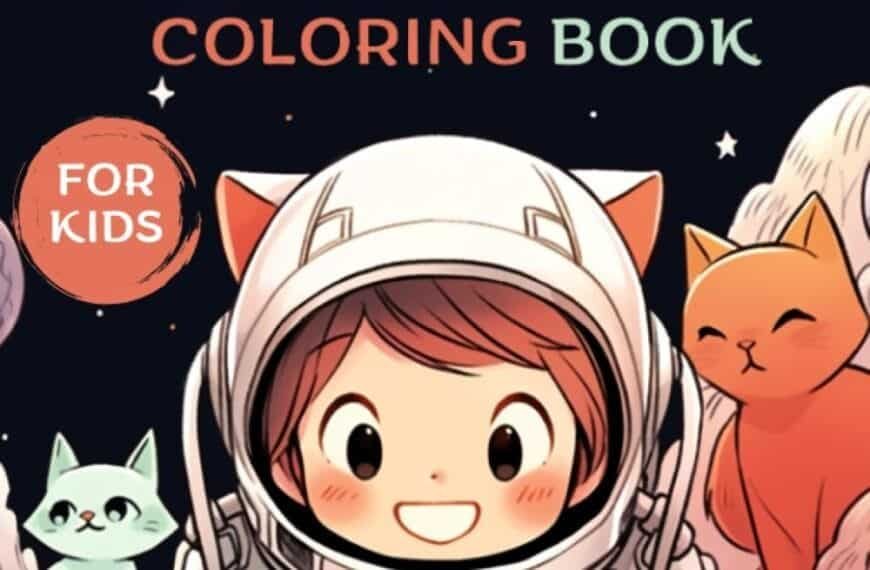 Cute astronaut child with cats in colorful spacesuits on the cover of a "Space Adventure Coloring Book for Kids.