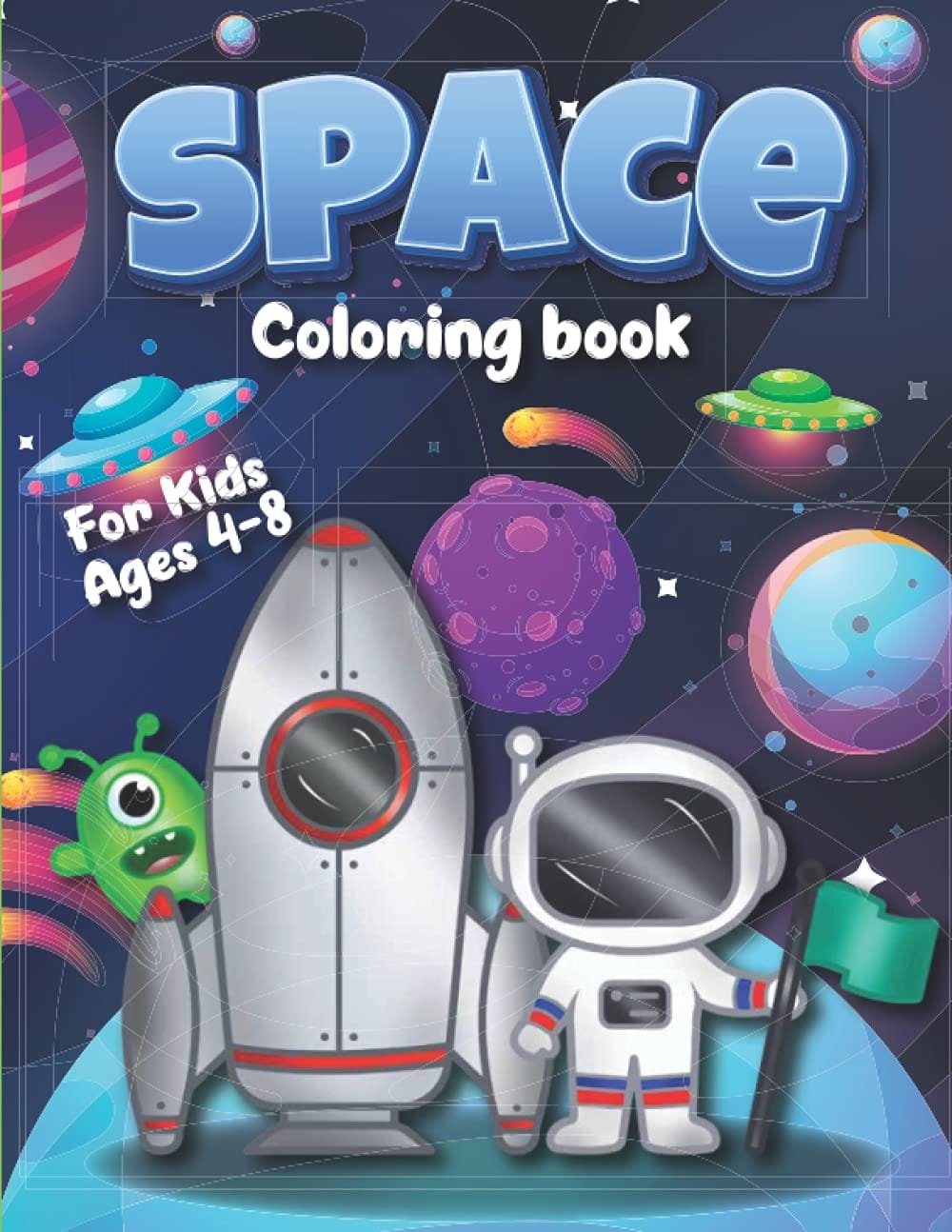 Cover of a children's space-themed coloring book featuring a rocket, astronaut, and alien with planets and UFOs in the background.