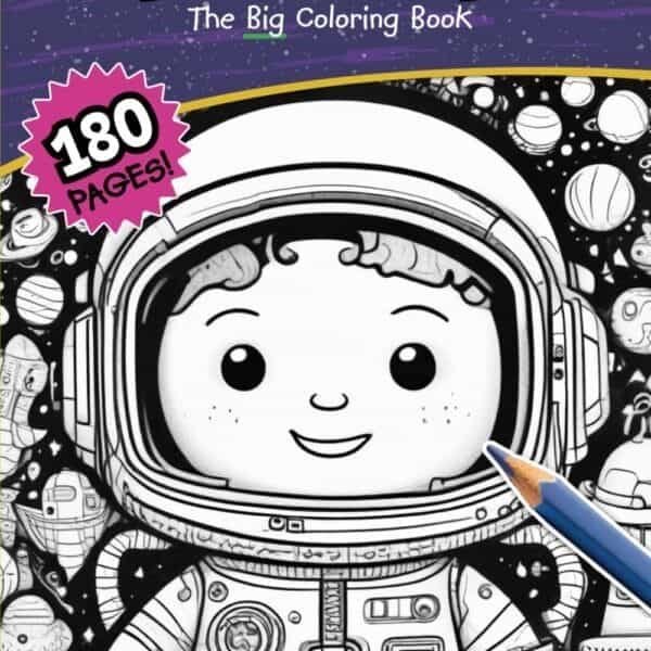 Coloring book cover titled "Explorers in Space Vol. 2," featuring a cartoon child astronaut in a space suit, surrounded by planets and stars. Text highlights "180 pages.