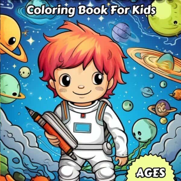 A children's coloring book titled "My Little Scientist" featuring a cartoon child astronaut holding a large crayon in a colorful outer space scene. Designed for ages 5 and up.