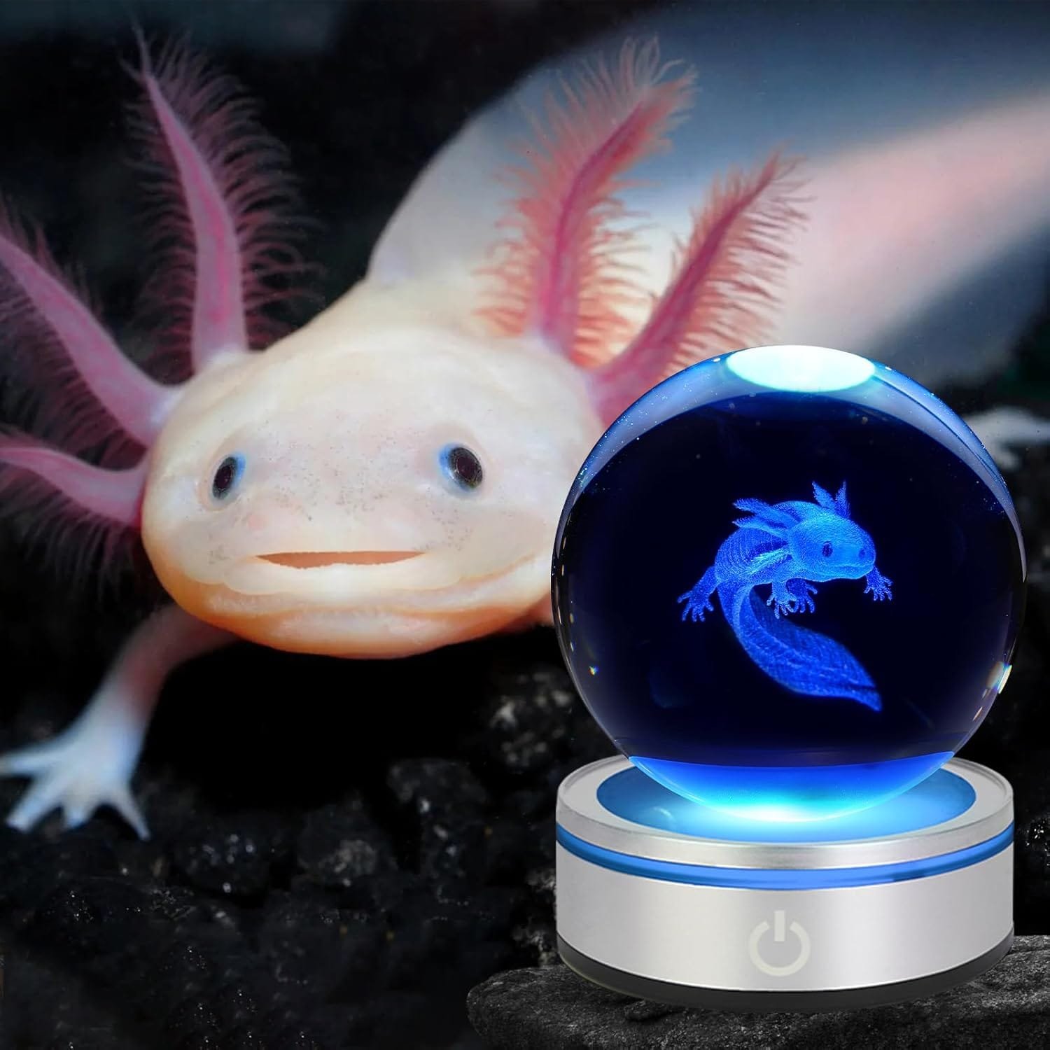 An axolotl is next to a glowing orb with a holographic axolotl inside, resting on a circular base with a power button symbol.