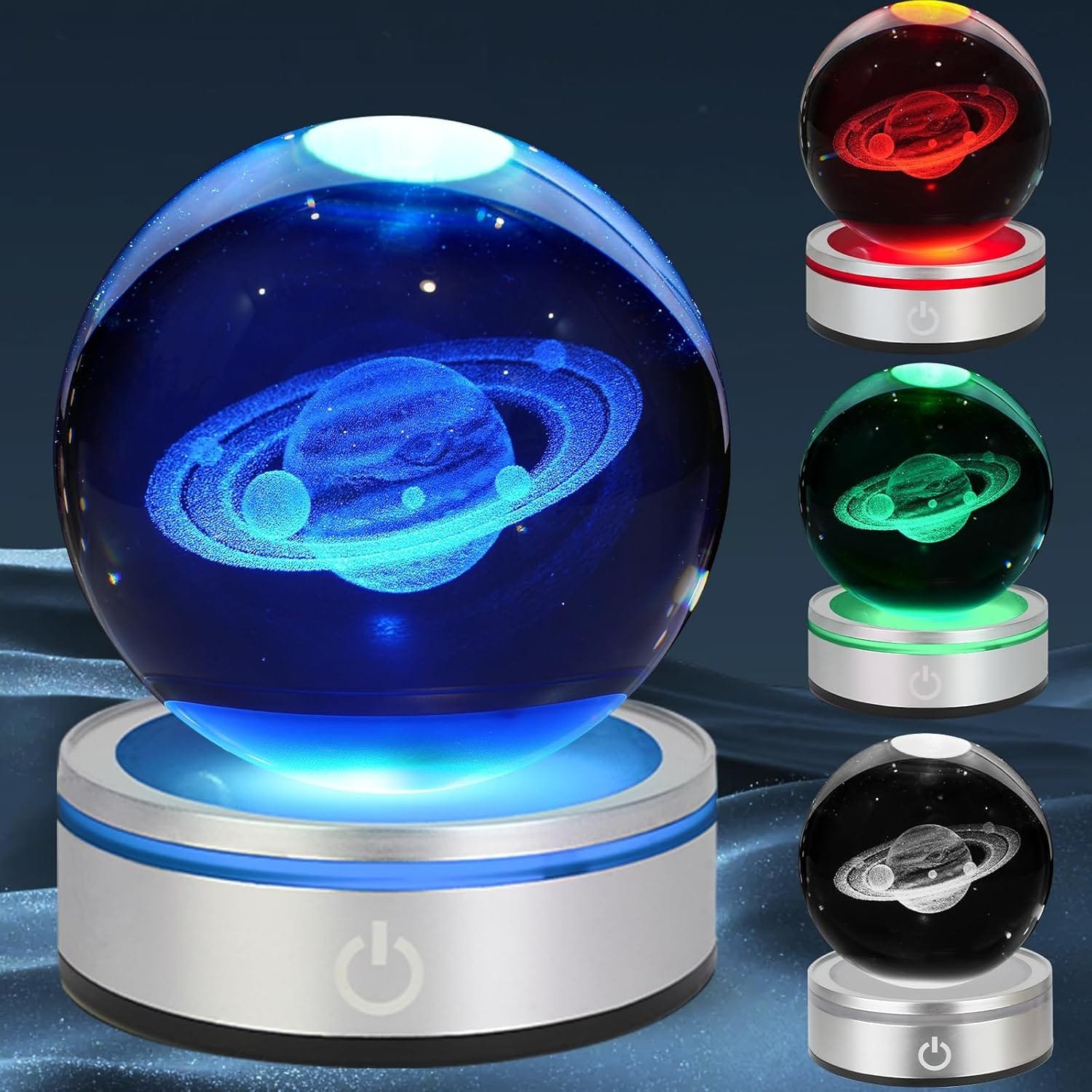 Crystal ball with 3D Saturn design, glowing in various colors.