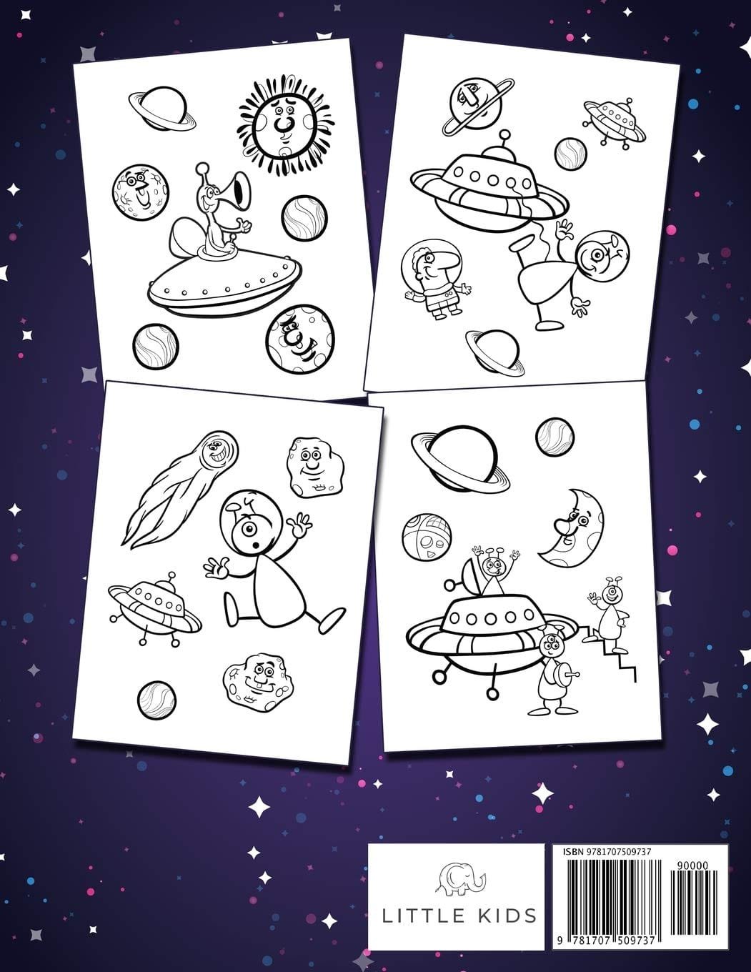 Four pages with line drawings of UFOs, planets, and cartoon characters on a starry background.