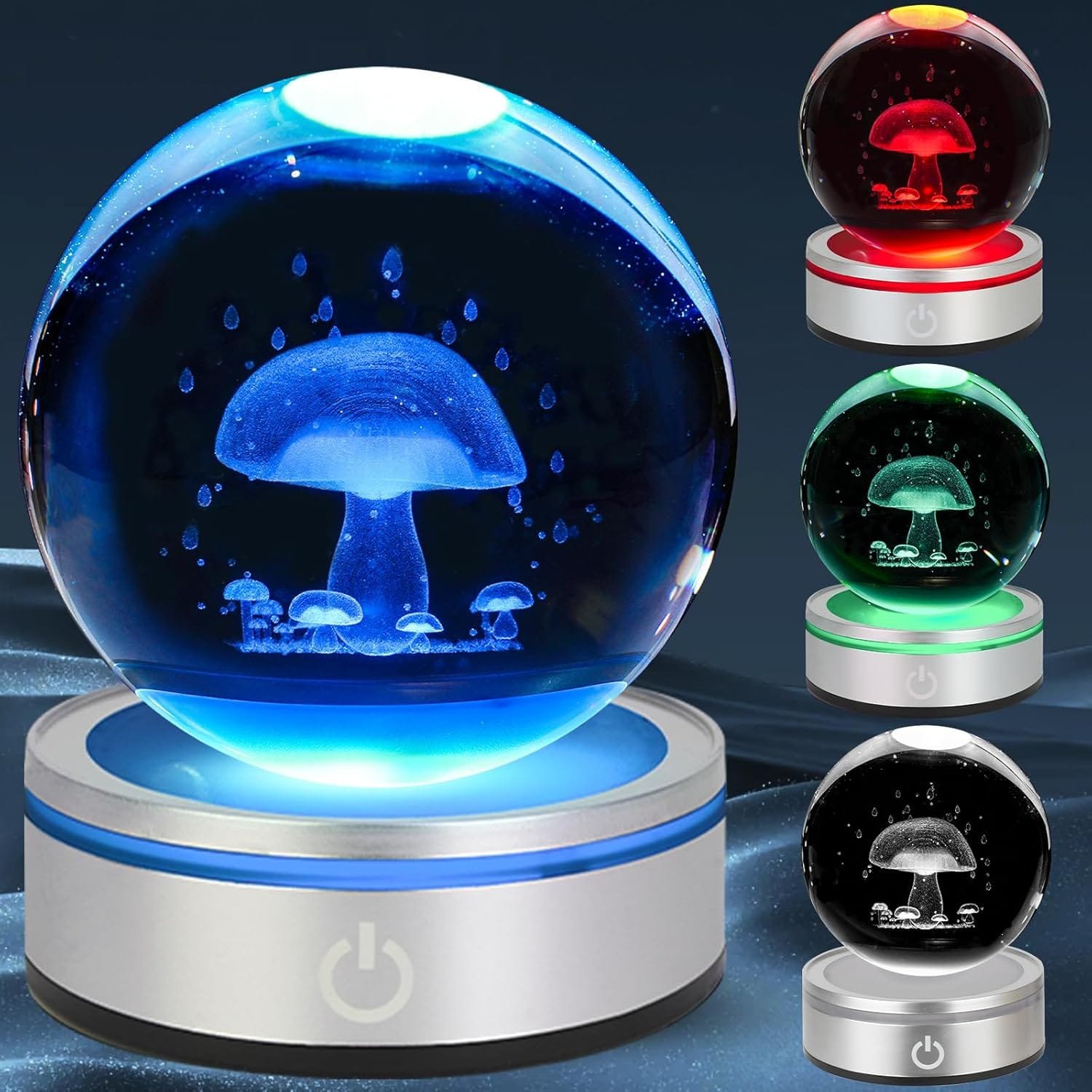 A crystal ball with a 3D mushroom design, illuminated in different colors, sits on a metallic base with a power symbol.