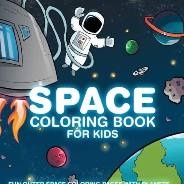 Cover of a children's space coloring book featuring an astronaut, planets, stars, a spaceship, and the text: "Space Coloring Book for Kids. Clever Kiddo.
