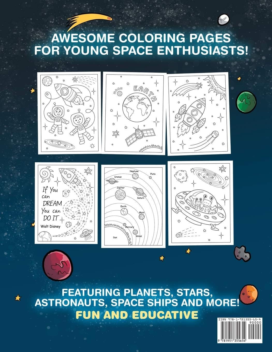 Coloring book cover with six space-themed pages featuring planets, astronauts, and spaceships. Text reads "Awesome Coloring Pages for Young Space Enthusiasts! Fun and Educative.