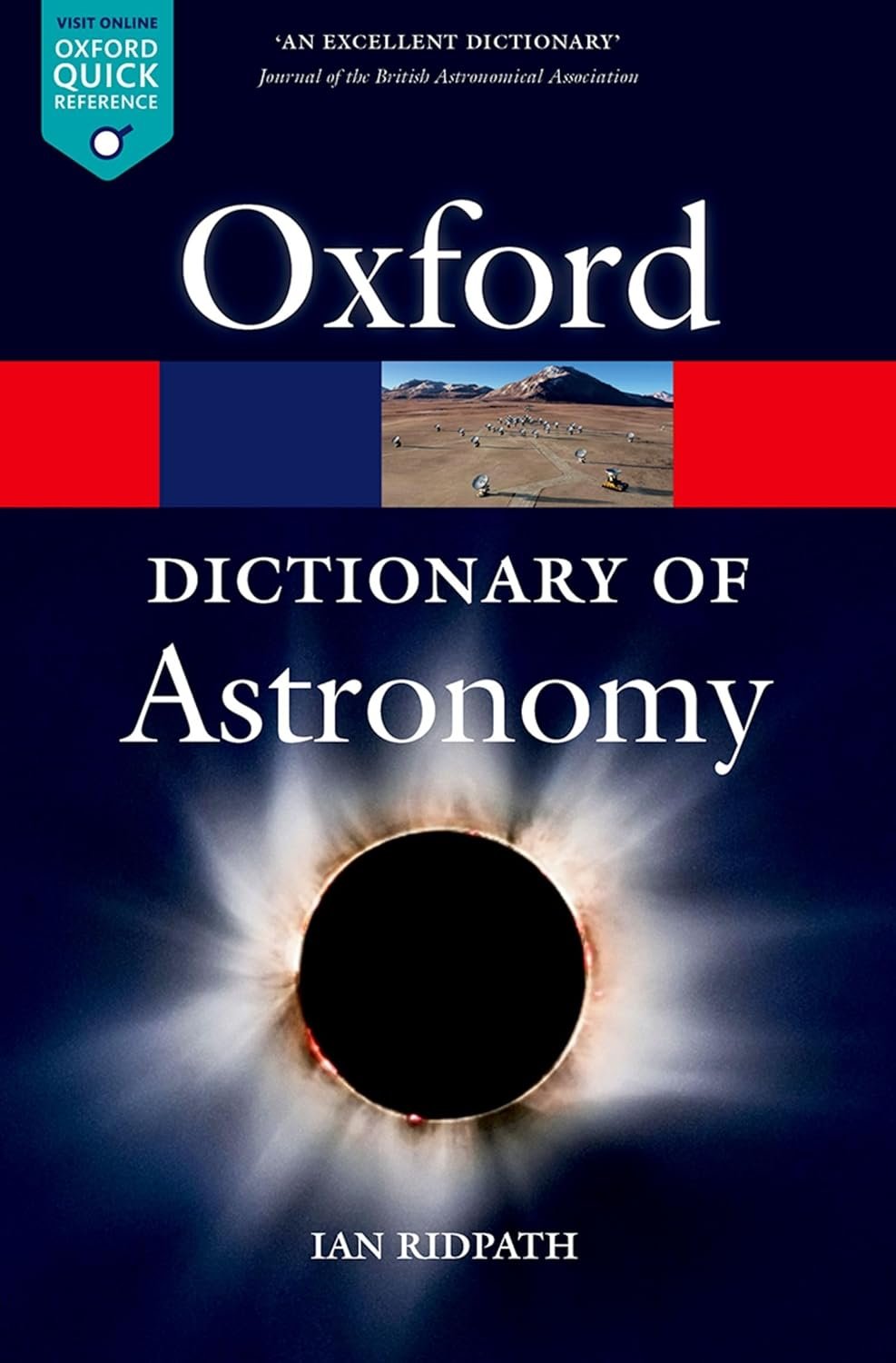 Cover of "Oxford Dictionary of Astronomy" by Ian Ridpath, featuring a solar eclipse and a landscape image.