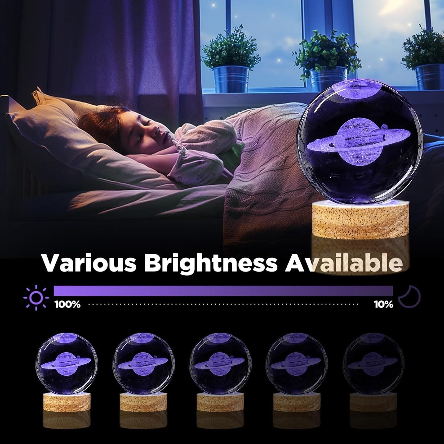 A person sleeps in bed with a lit orb on a wooden base nearby. Text below shows varied brightness levels from 100% to 10%.